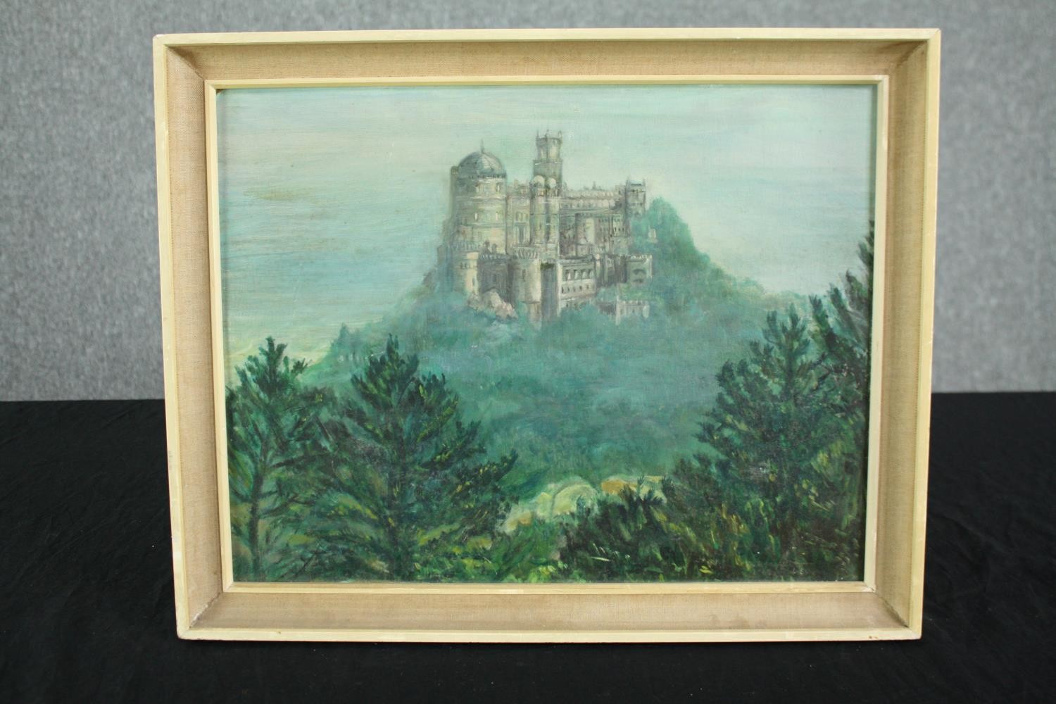 A mid twentieth century oil painting on board of Pena Palace, Sintra, Portugal. Unsigned but with - Image 2 of 4