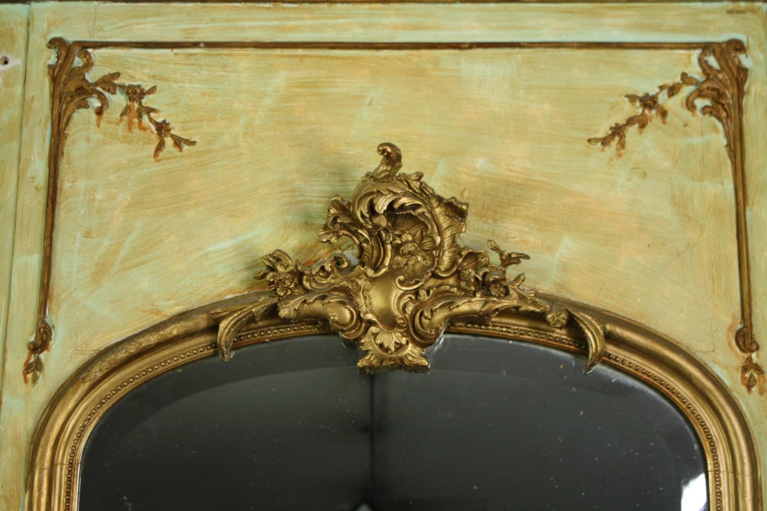 A 19th century French painted panel with giltwood and gesso pier glass with Rococo cresting above - Image 5 of 6