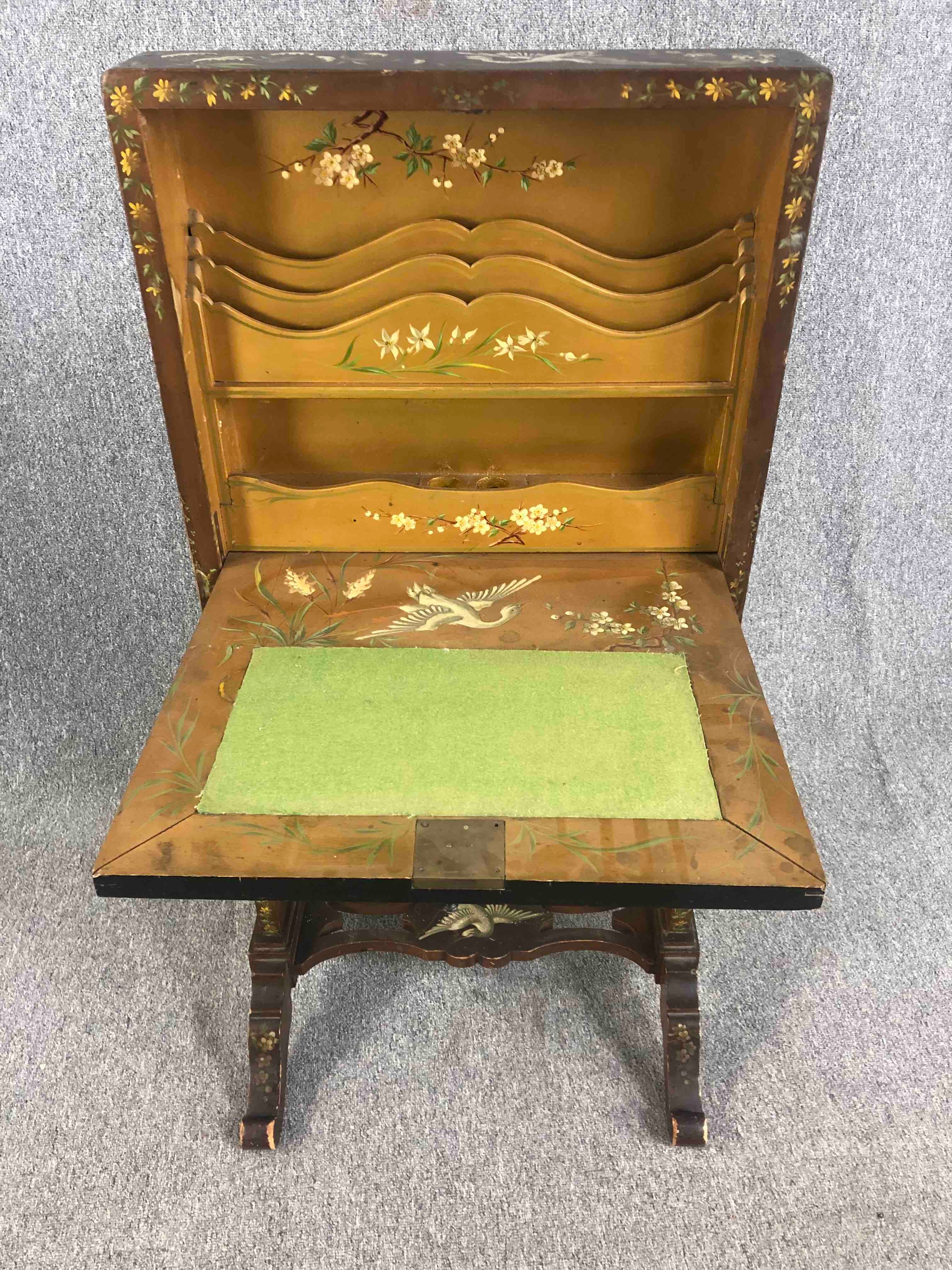 A late 19th century Chinoiserie decorated and lacquered secretaire screen with fall front - Image 5 of 9