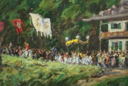 Franz Hienl-Merre (German 1869-1943). An impressionist oil on board. A procession of people carrying