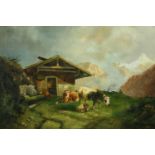 An early twentieth century oil on board. Grazing cattle. Signed indistinctly lower left. Framed. H.