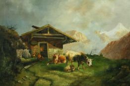 An early twentieth century oil on board. Grazing cattle. Signed indistinctly lower left. Framed. H.