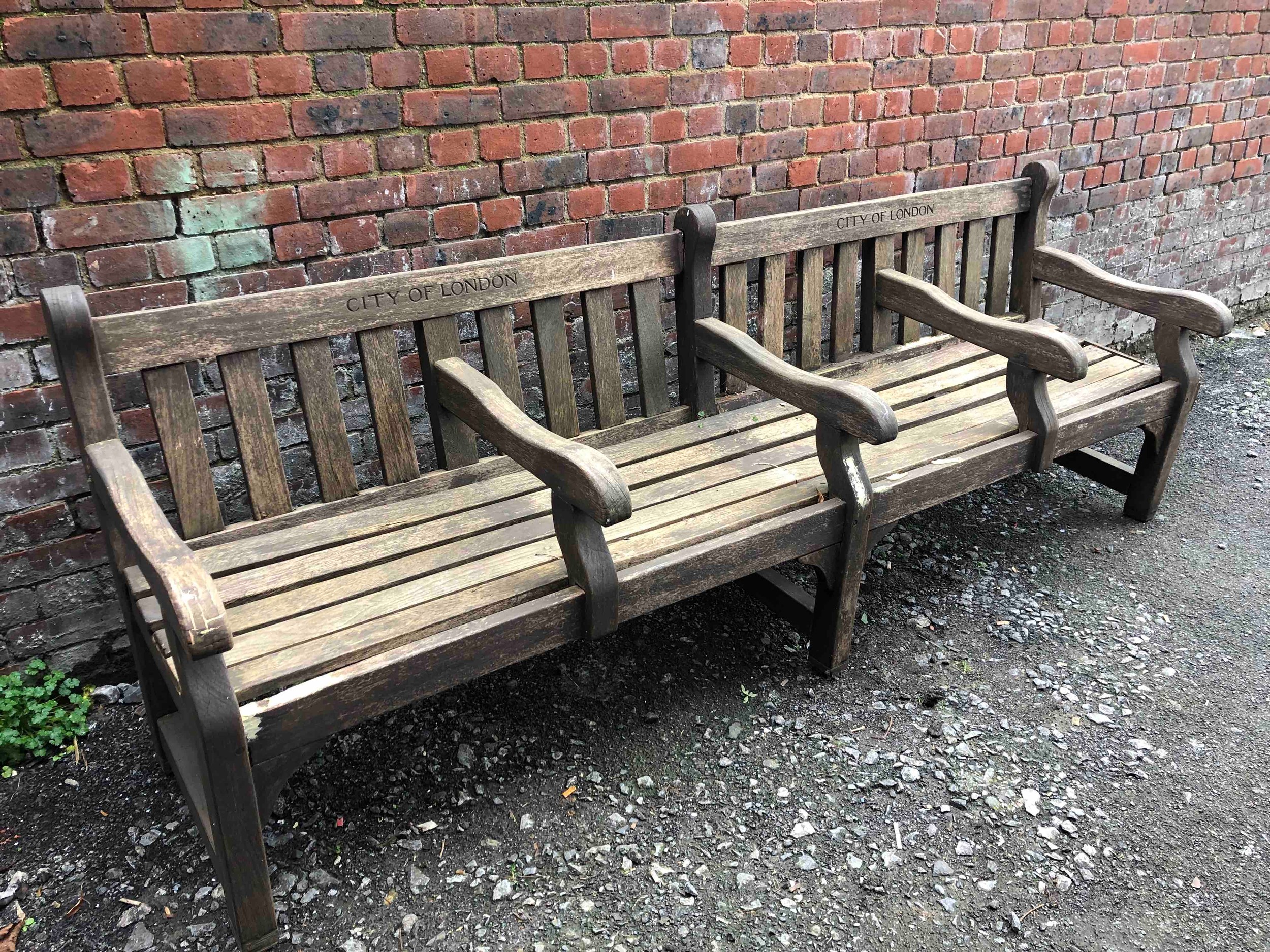 City of London vintage park bench seats in weathered teak. H.91 W.259 D.73cm. - Image 2 of 6