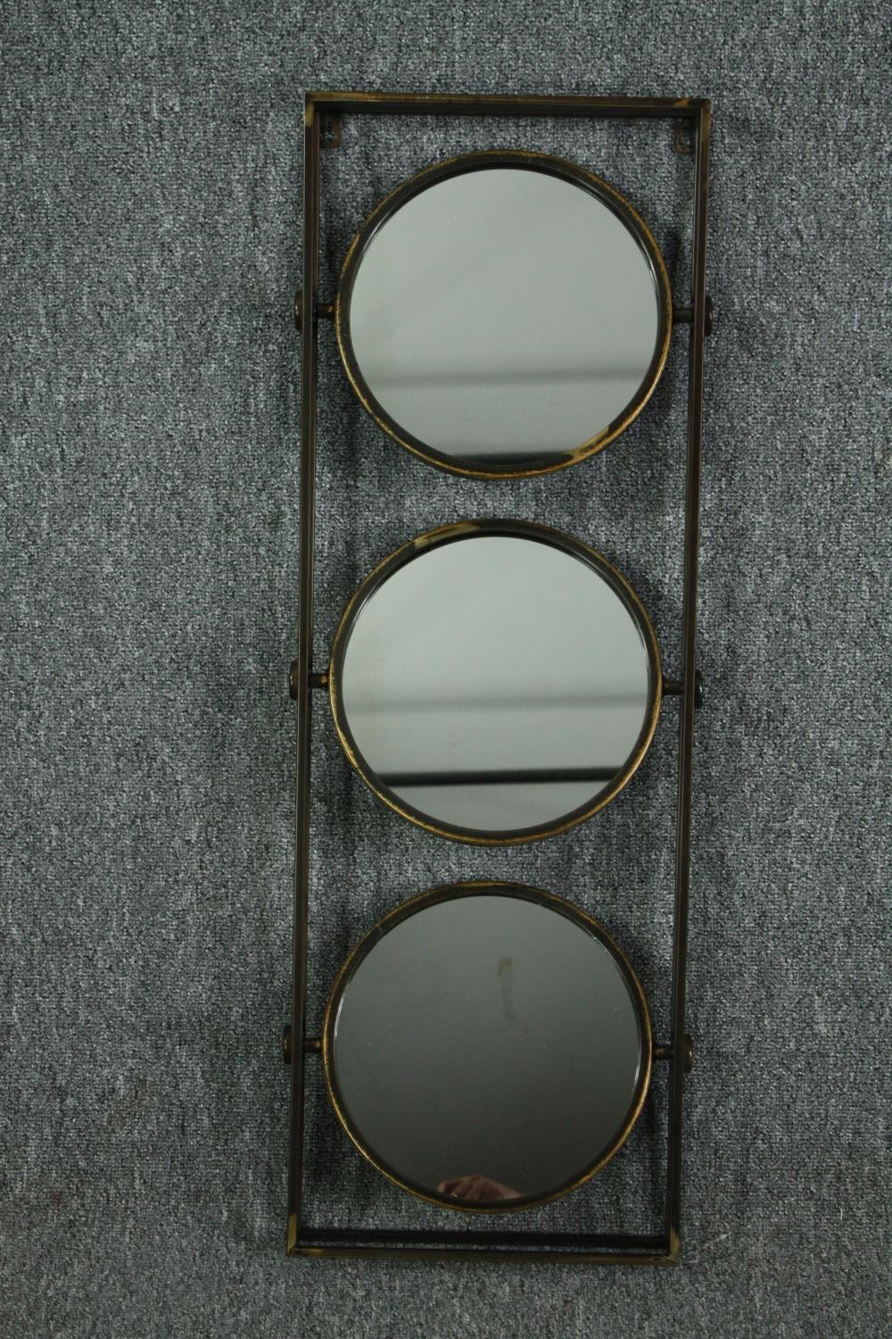 A set of three metal frames each fitted with three swing mirrors. H.90 W.31cm. (each) - Image 2 of 7