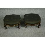 Footstools, a pair, 19th century mahogany. (One has a piece of it's foot missing as seen). H.20 W.37