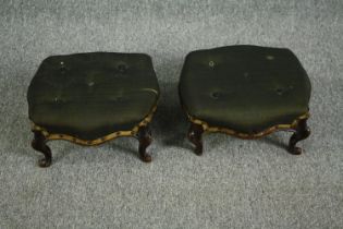 Footstools, a pair, 19th century mahogany. (One has a piece of it's foot missing as seen). H.20 W.37