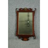Wall mirror, 19th century fret carved mahogany with bevelled plate, gilt cresting and satinwood