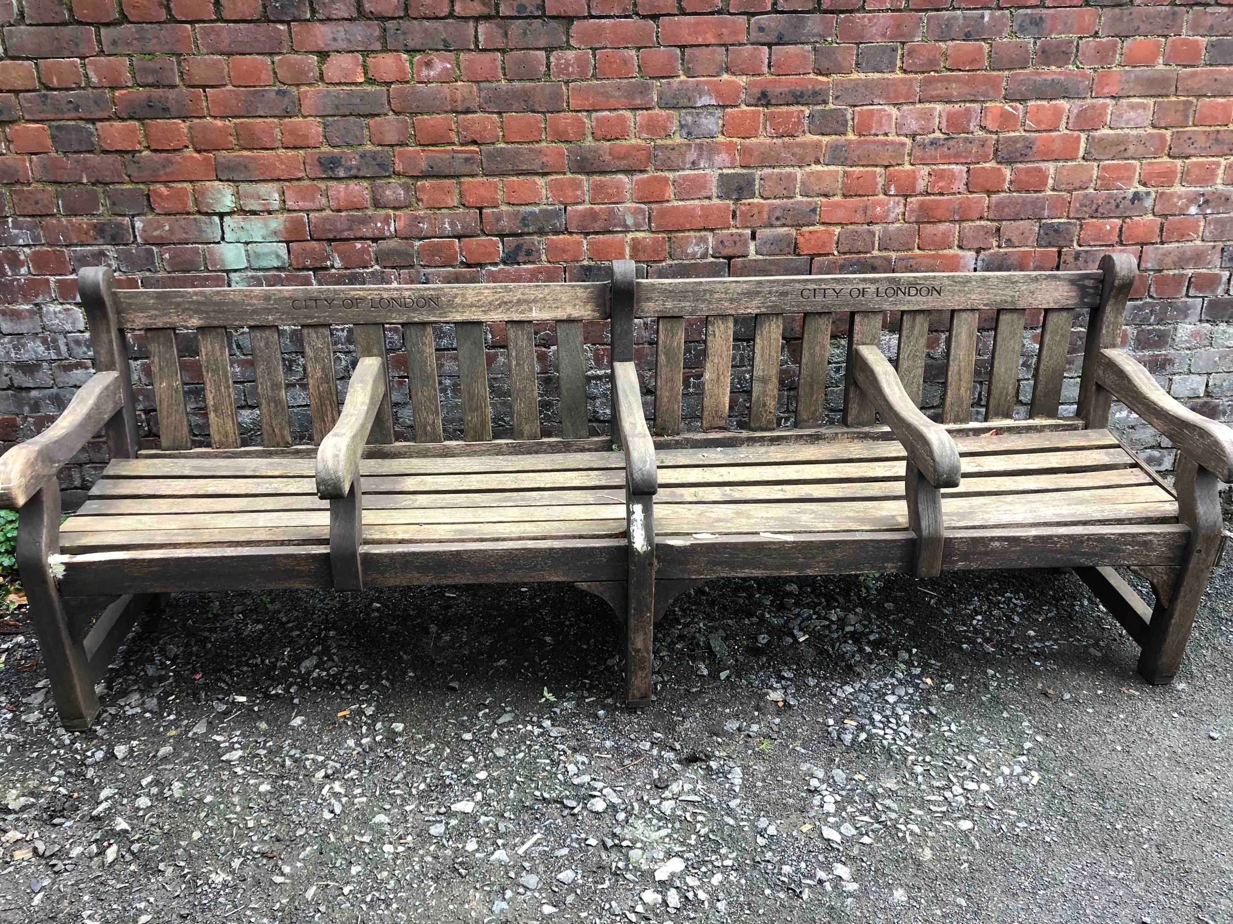 City of London vintage park bench seats in weathered teak. H.91 W.259 D.73cm.