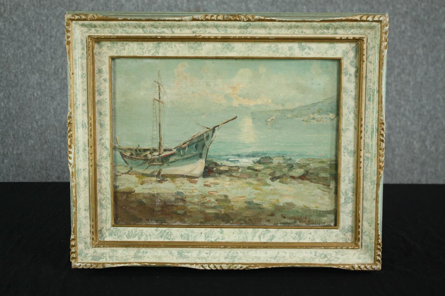 A late nineteenth century oil on canvas. An impressionist style painting of a boat at shore. In a - Image 2 of 4