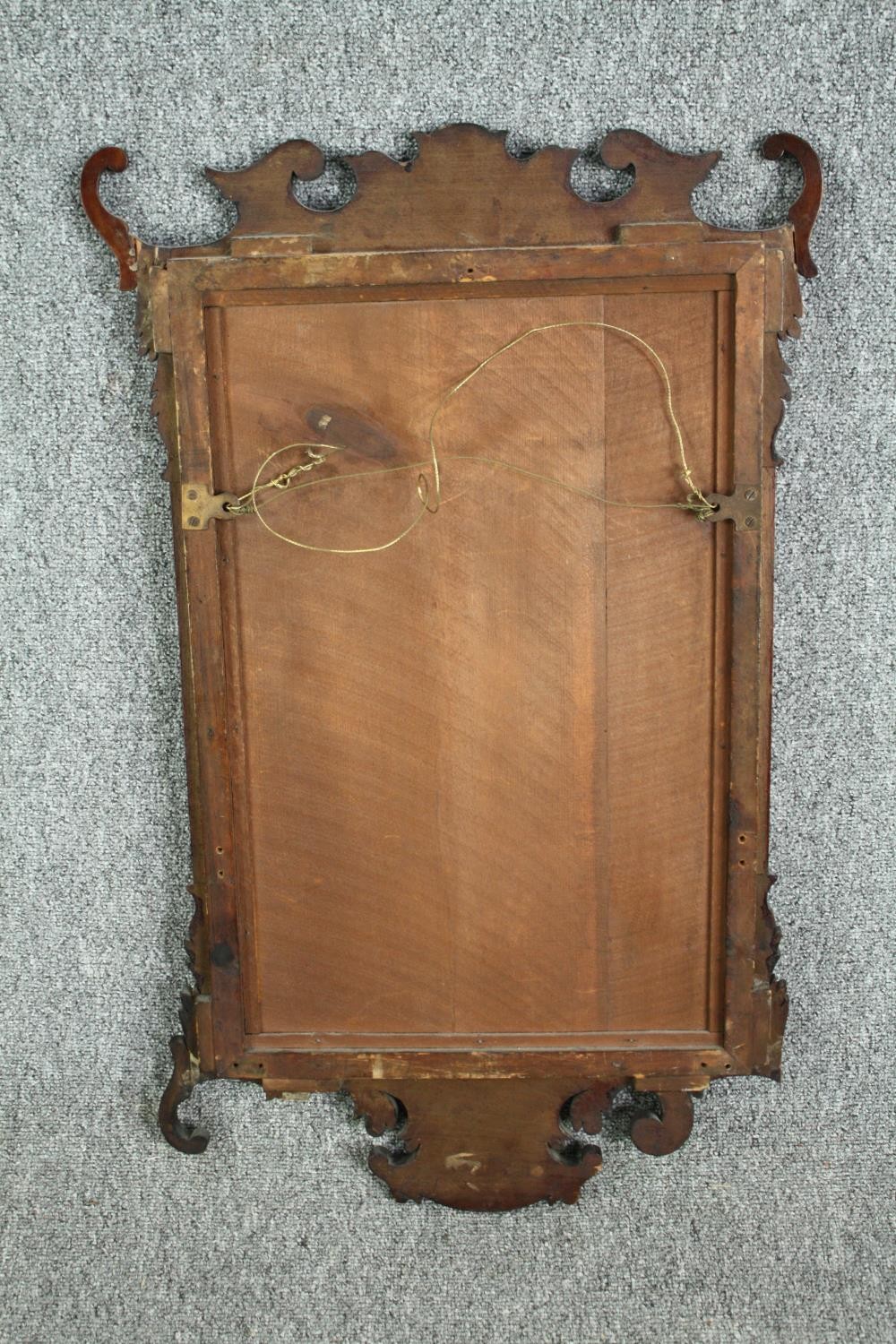 Wall mirror, 19th century fret carved mahogany with bevelled plate, gilt cresting and satinwood - Image 5 of 5