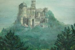 A mid twentieth century oil painting on board of Pena Palace, Sintra, Portugal. Unsigned but with