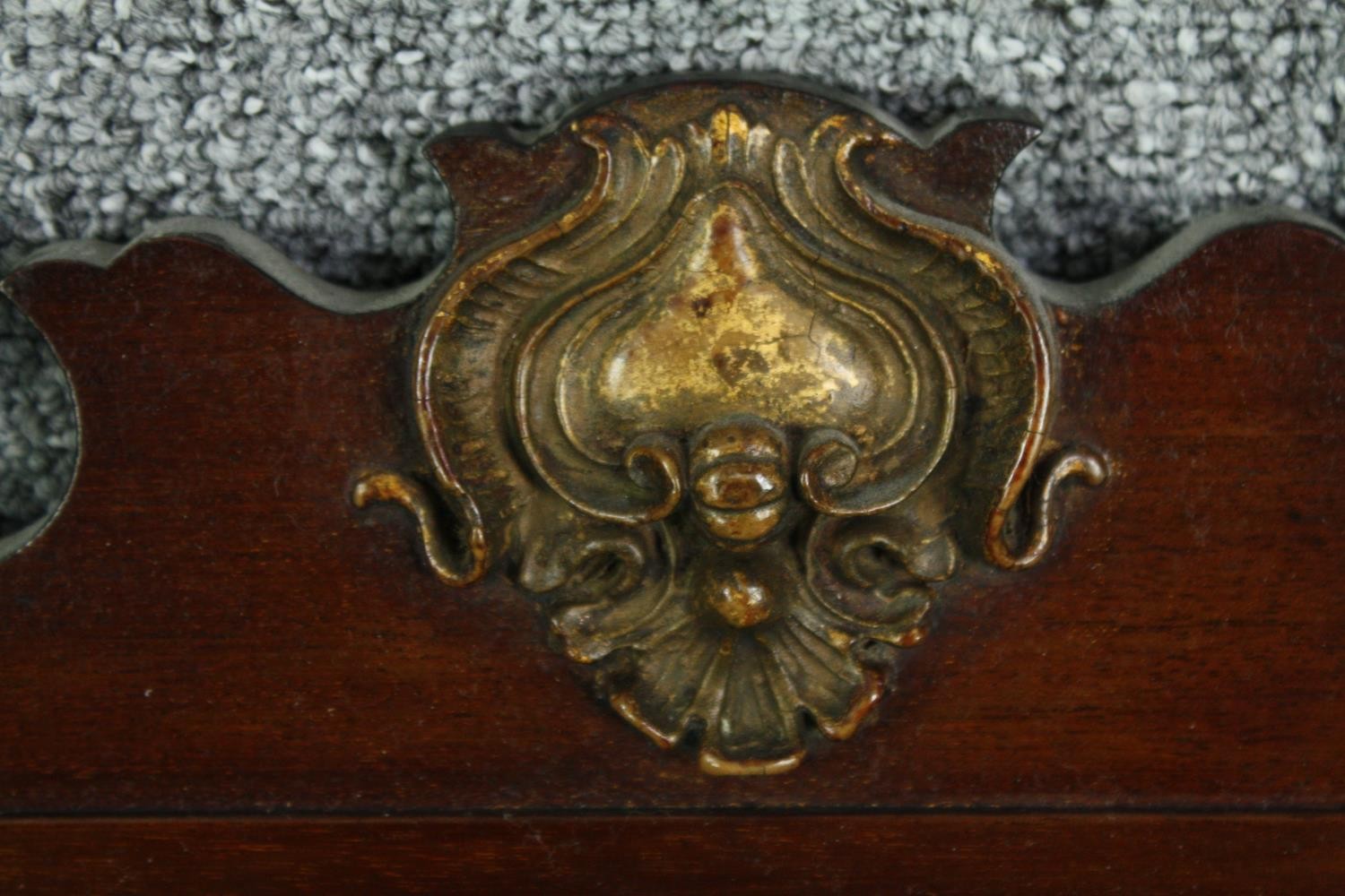 Wall mirror, 19th century fret carved mahogany with bevelled plate, gilt cresting and satinwood - Image 4 of 5