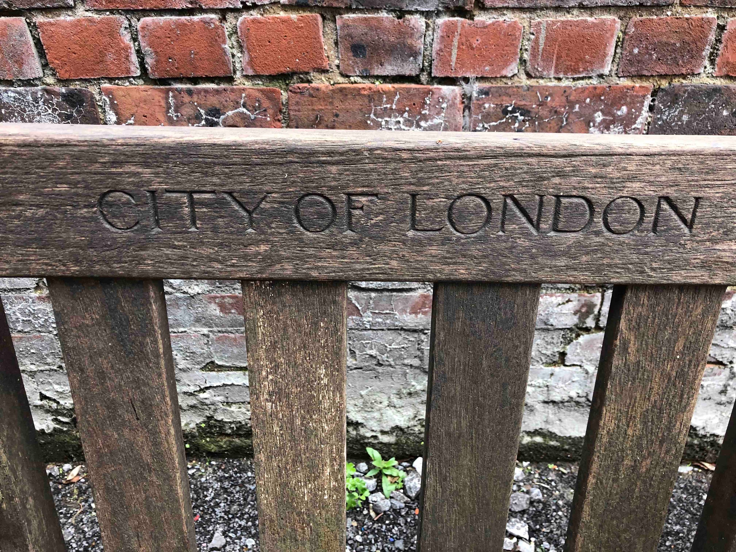 City of London vintage park bench seats in weathered teak. H.87 W.196 D.73cm. - Image 4 of 4