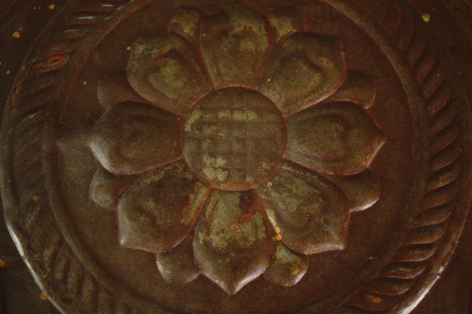 Four early twentieth century suspended ceiling leaf tiles. Three from pressed tin and one copper. - Image 5 of 11