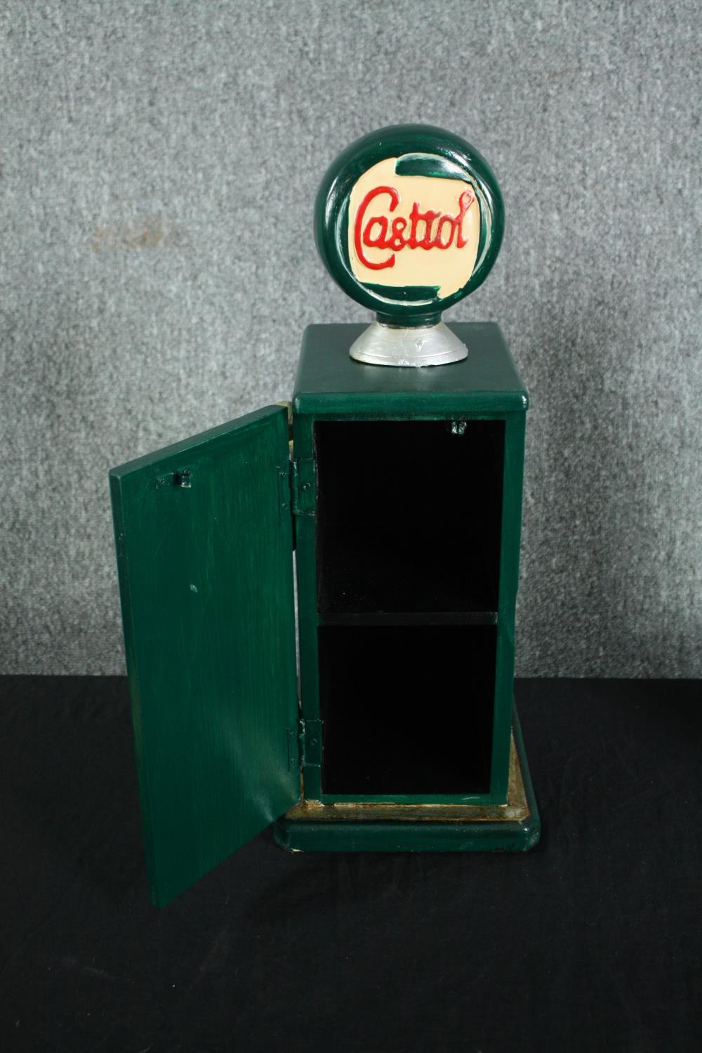 Two wooden storage cupboards in the shape of Castrol petrol pumps. Hand painted in a distressed - Image 4 of 5