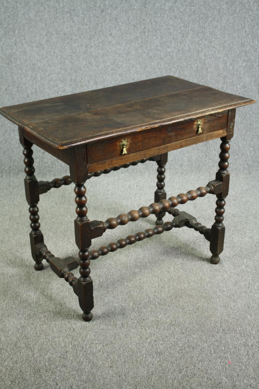 Side table, William and Mary oak with plank top on bobbin turned and stretchered base. Probably with - Image 2 of 9