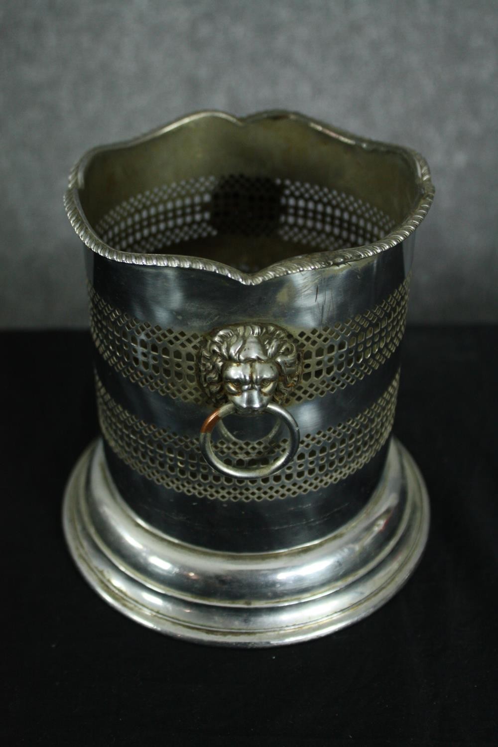 A silver plated wine bottle coaster with twin lion head handles along with a silver plated - Image 3 of 8