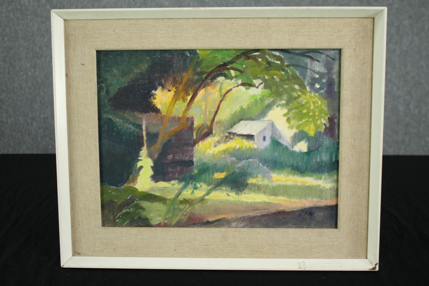 A mid twentieth century oil on board. Signed with the initials 'G.F.W'. A label on the back - Image 2 of 5
