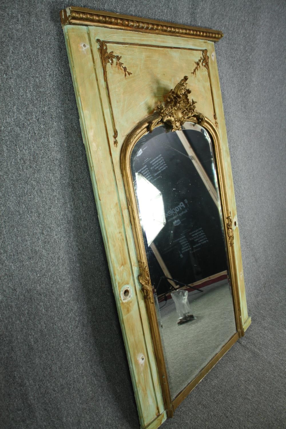 A 19th century French painted panel with giltwood and gesso pier glass with Rococo cresting above - Image 2 of 6