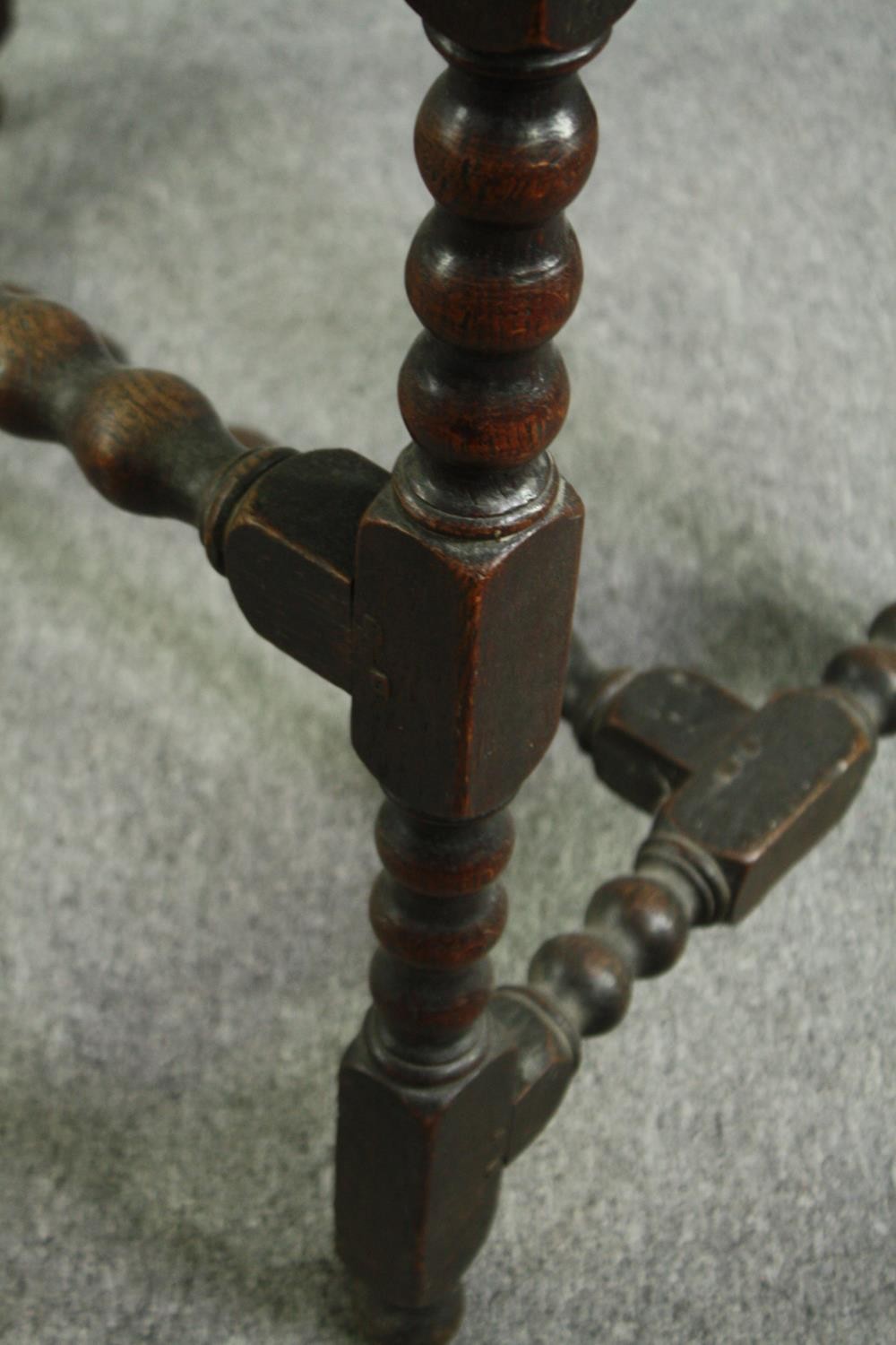 Side table, William and Mary oak with plank top on bobbin turned and stretchered base. Probably with - Image 6 of 9