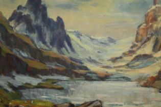 Charles Bernard. Oil on board. A dramatic mountainscape. Signed lower right 'C.H. Benard'. Framed.