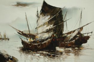 Tony Wong. Chinese Junk boats in still waters. Oil on canvas. Signed lower right and marked ‘H.