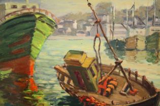 Charles Benard. Oil on board. An early twentieth century impressionist style painting. Boats at