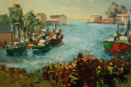 An early twentieth century oil on board. A Mediterranean river scene painted in an impressionist