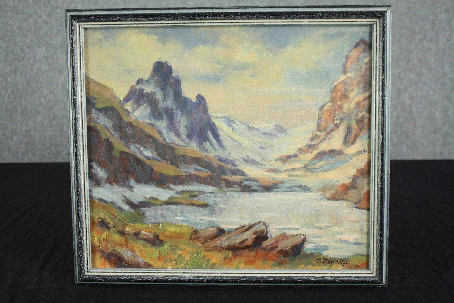 Charles Bernard. Oil on board. A dramatic mountainscape. Signed lower right 'C.H. Benard'. Framed. - Image 2 of 4