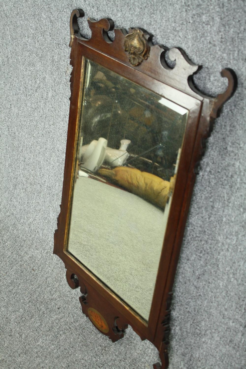 Wall mirror, 19th century fret carved mahogany with bevelled plate, gilt cresting and satinwood - Image 3 of 5