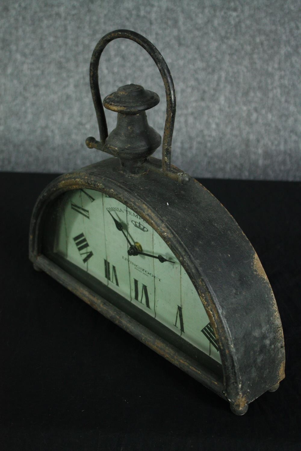 A modern industrial style half moon shelf clock. H.34 W.36 D.8cm. - Image 4 of 4