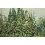 A delicate and controlled watercolour of conifer trees with the top of a house just visible over the