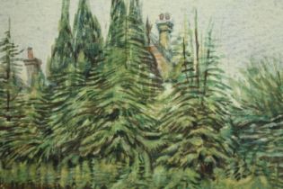 A delicate and controlled watercolour of conifer trees with the top of a house just visible over the