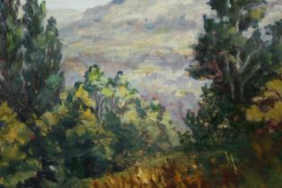 Charles Benard (French). An impressionist landscape of trees and mountains. Signed lower left.