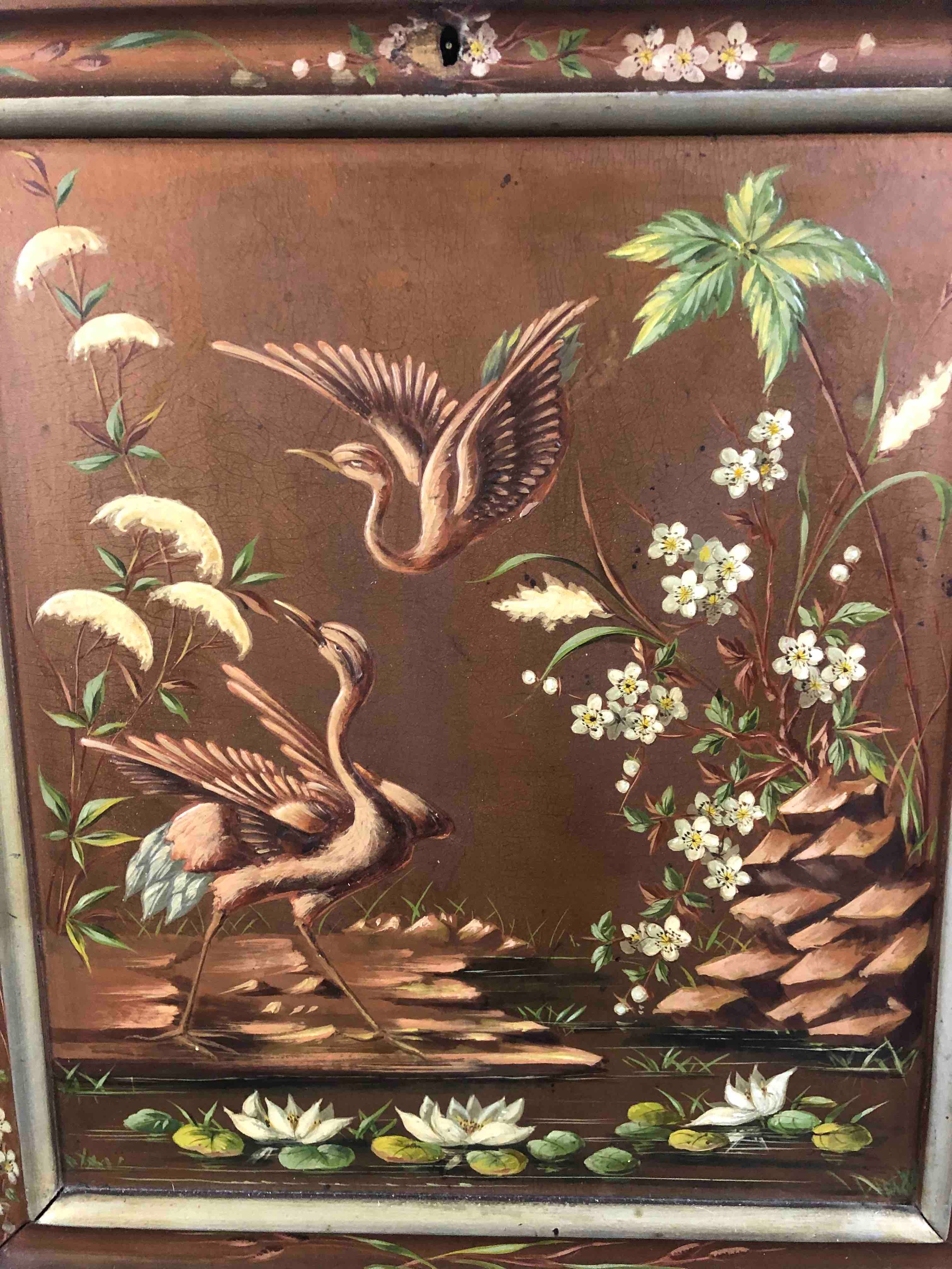 A late 19th century Chinoiserie decorated and lacquered secretaire screen with fall front - Image 4 of 9