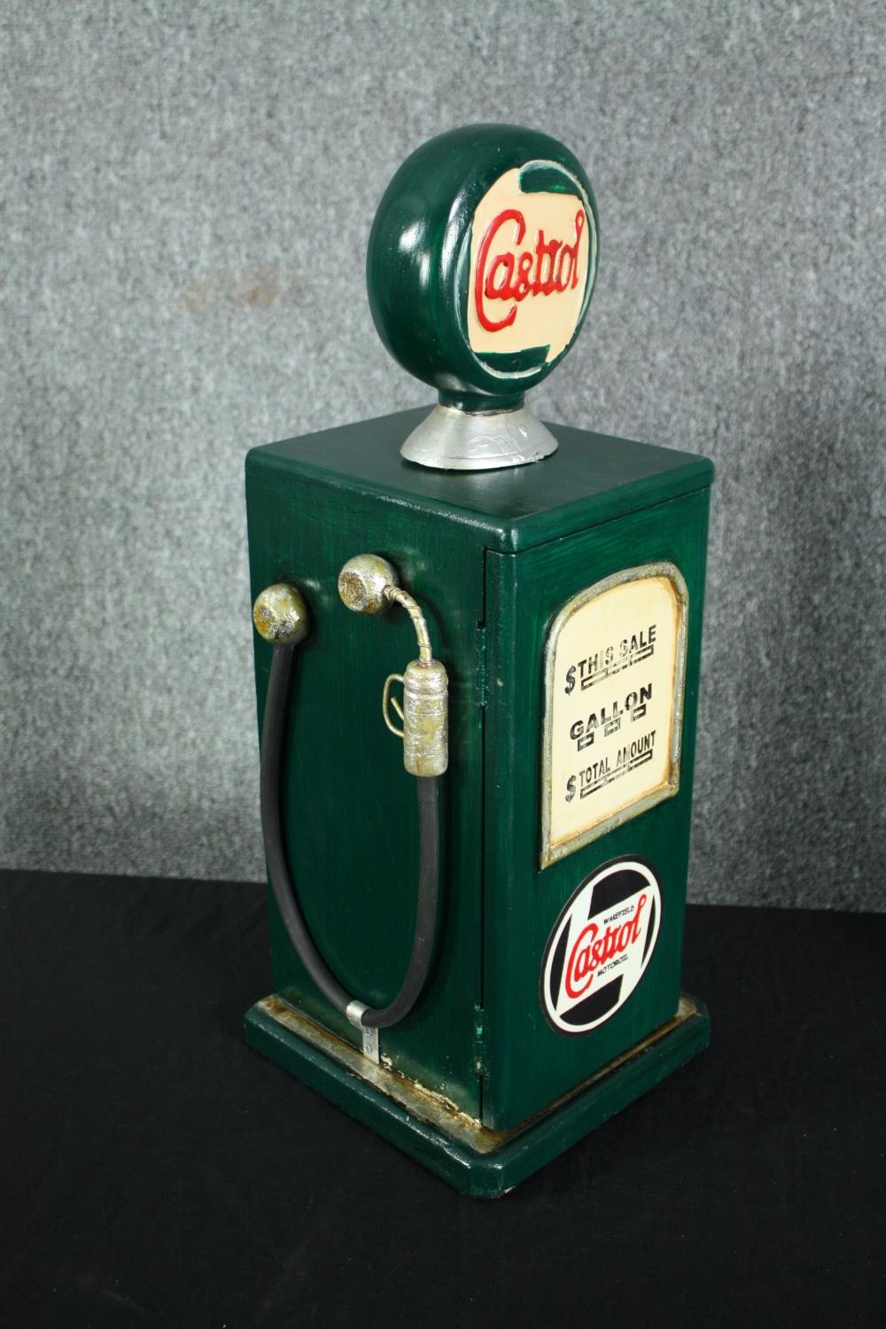 Two wooden storage cupboards in the shape of Castrol petrol pumps. Hand painted in a distressed - Image 3 of 5