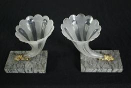 A pair of Regency cut crystal and gilt metal cornucopia vases set on marble bases. H.20 W.22cm.