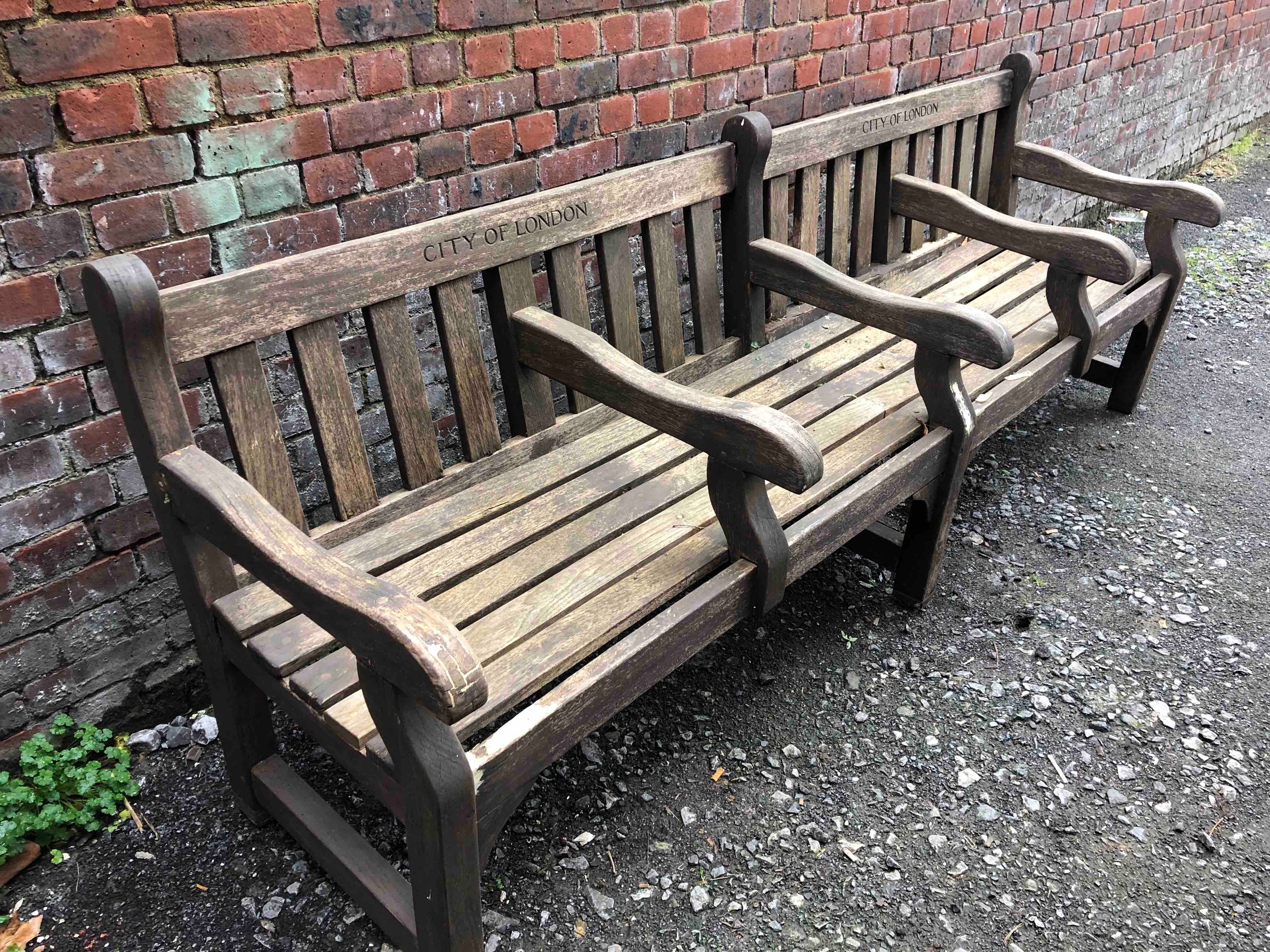 City of London vintage park bench seats in weathered teak. H.91 W.259 D.73cm. - Image 3 of 6