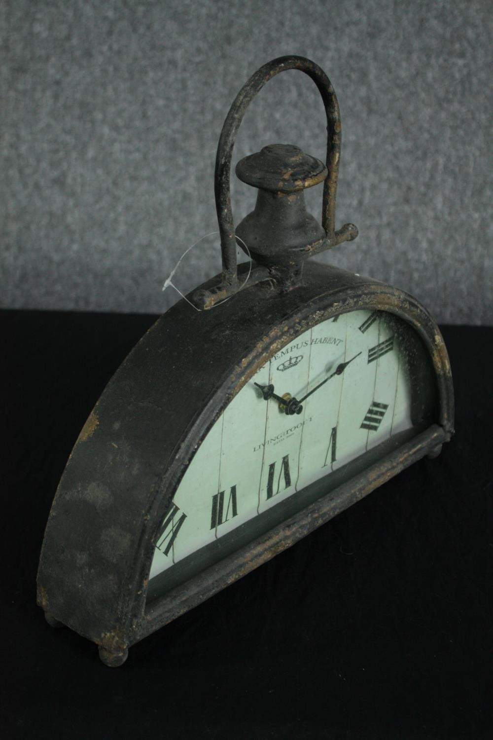 A modern industrial style half moon shelf clock. H.34 W.36 D.8cm. - Image 3 of 4