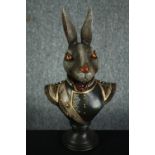 A rabbit bust in Napoleonic uniform. Poly-resin and hand painted. H.42cm.