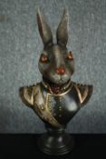 A rabbit bust in Napoleonic uniform. Poly-resin and hand painted. H.42cm.