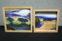 Ian Laurie, British, (1933-), two acrylics on board of abstract landscapes, signed Laurie. Framed