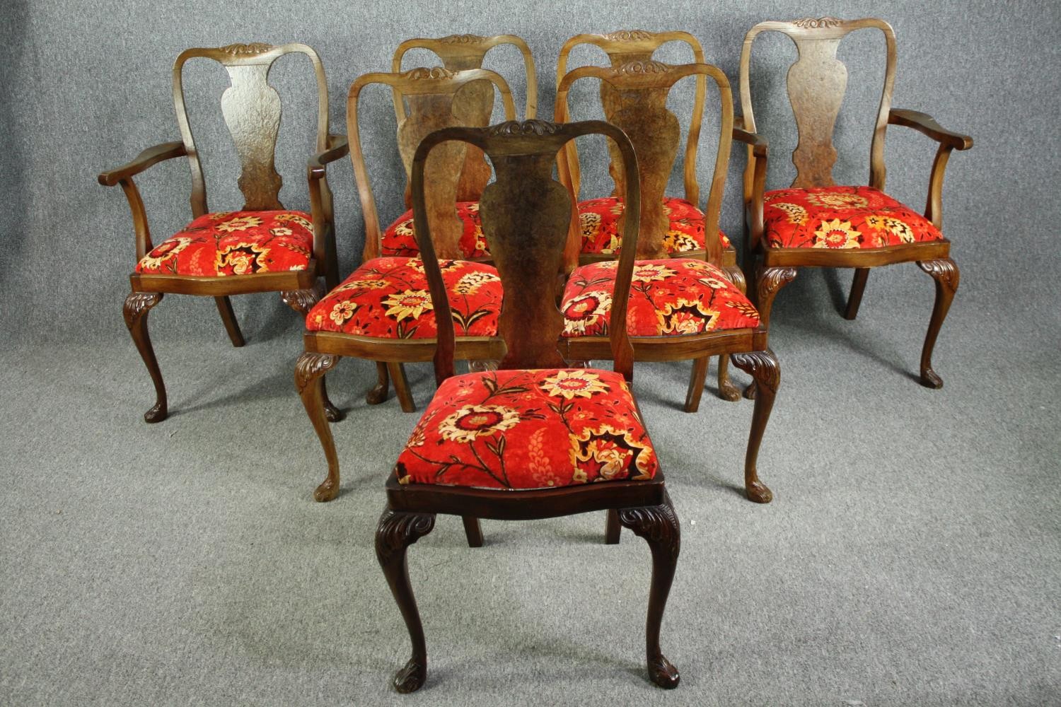 Dining chairs, a set of seven mid 20th century walnut Georgian style to include two carver