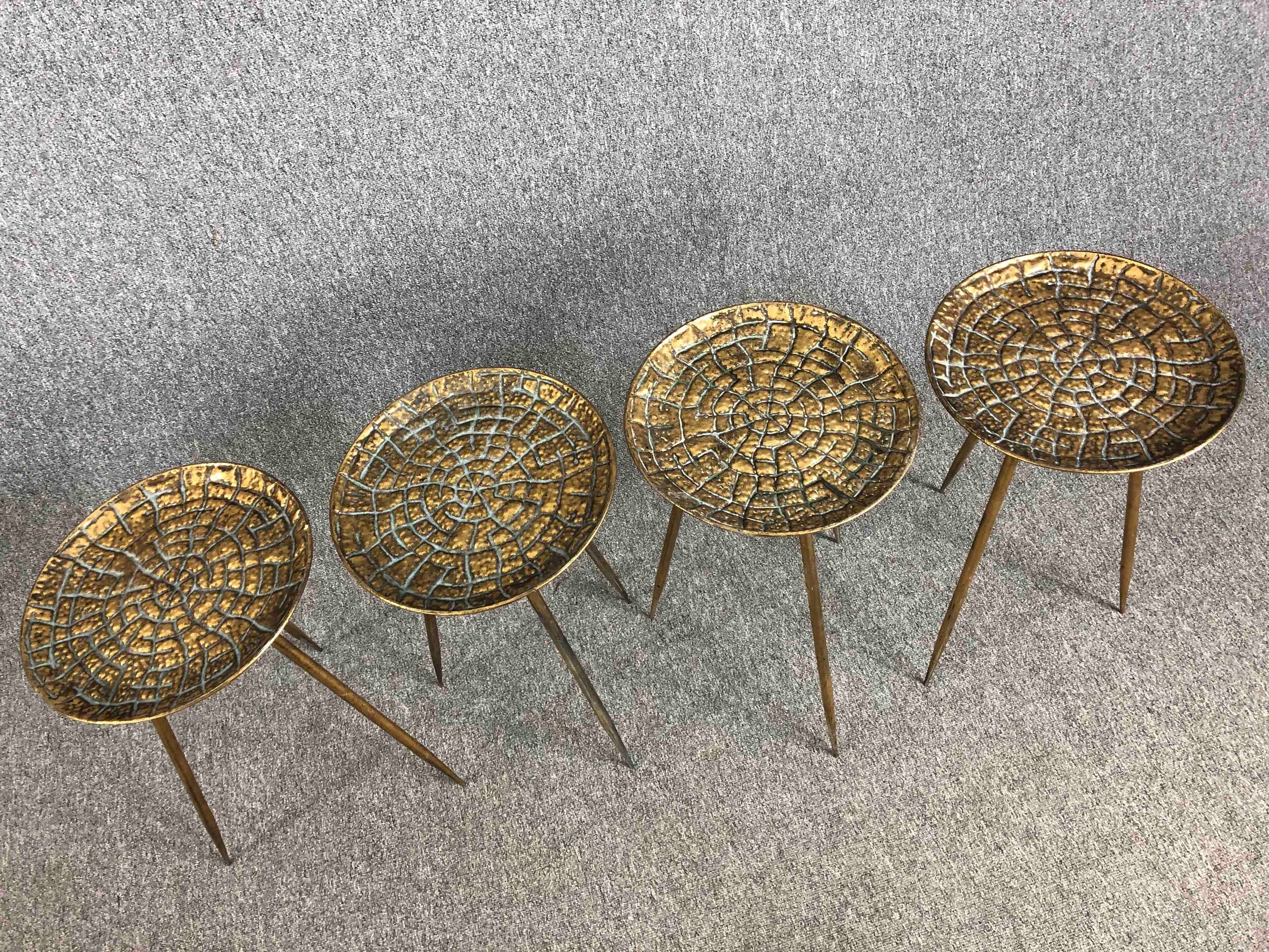 Four Bakerhill side tables. Three legged tables made from iron but finished in a distressed gold - Image 2 of 4