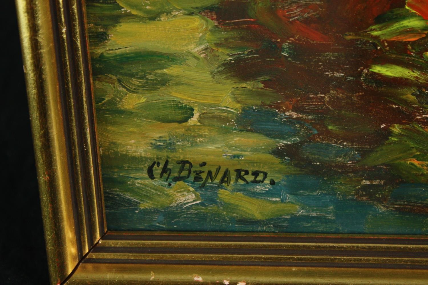 Charles Benard. Oil on board. An early twentieth century impressionist style painting. Boats at - Image 3 of 4