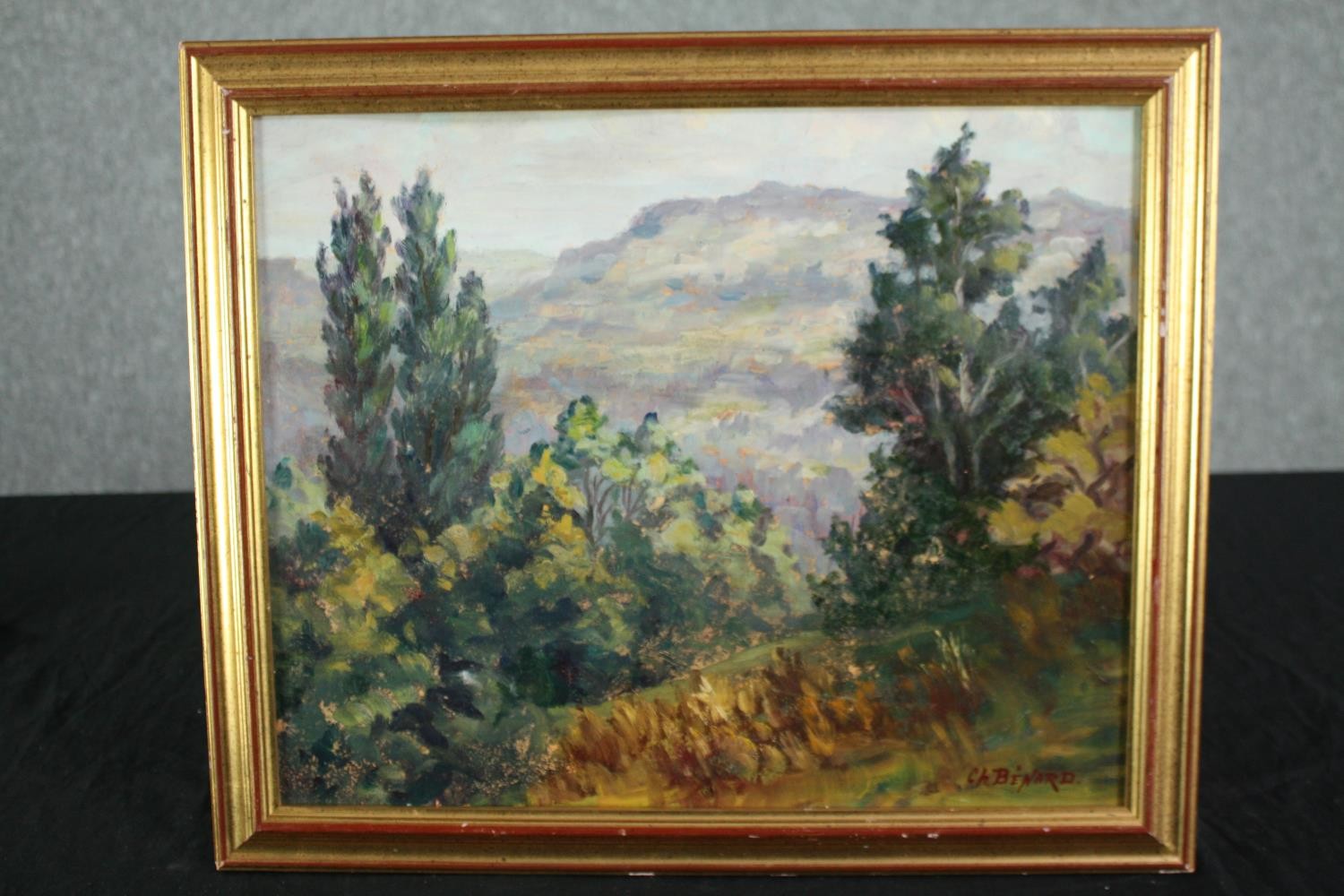 Charles Benard (French). An impressionist landscape of trees and mountains. Signed lower left. - Image 2 of 4