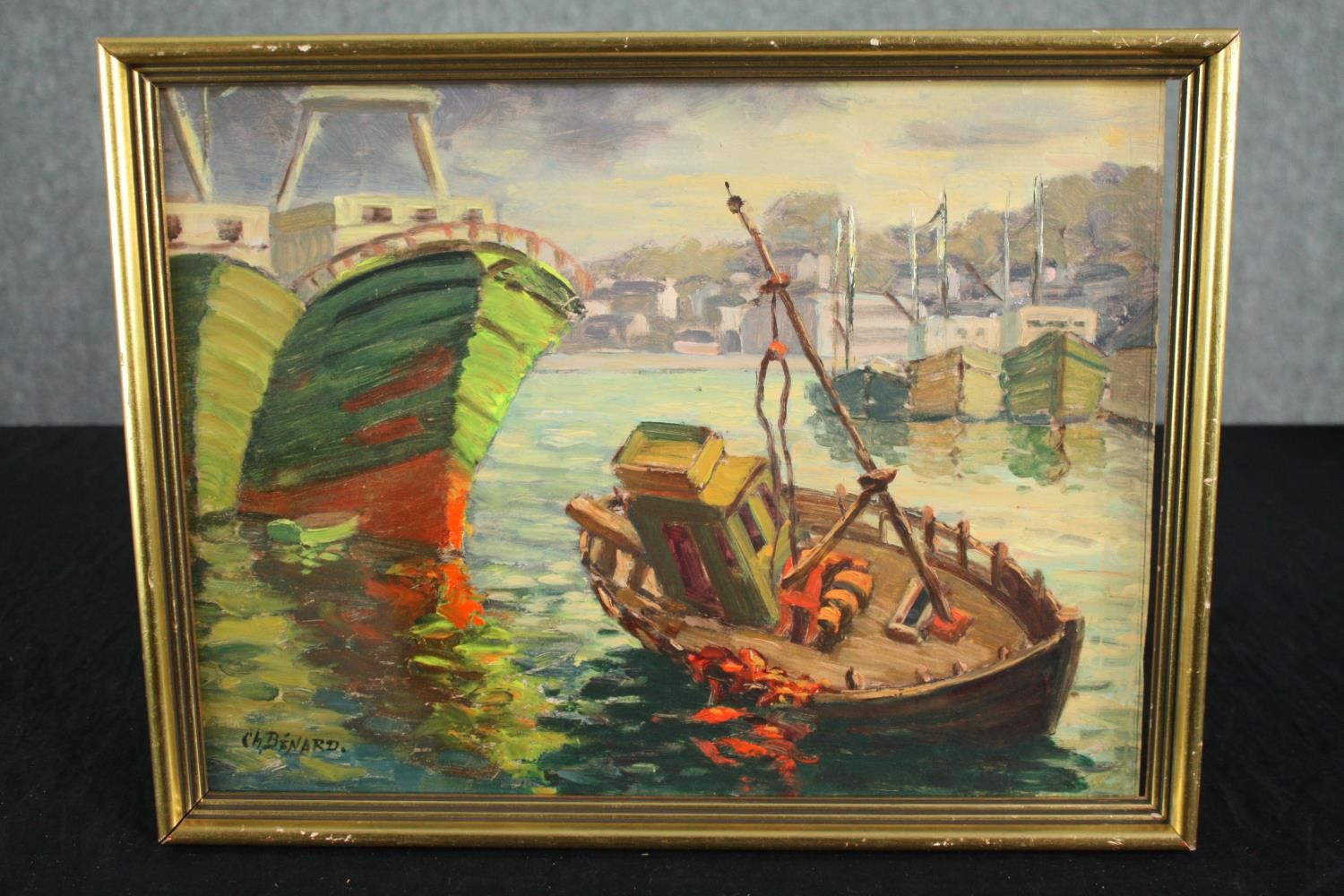 Charles Benard. Oil on board. An early twentieth century impressionist style painting. Boats at - Image 2 of 4