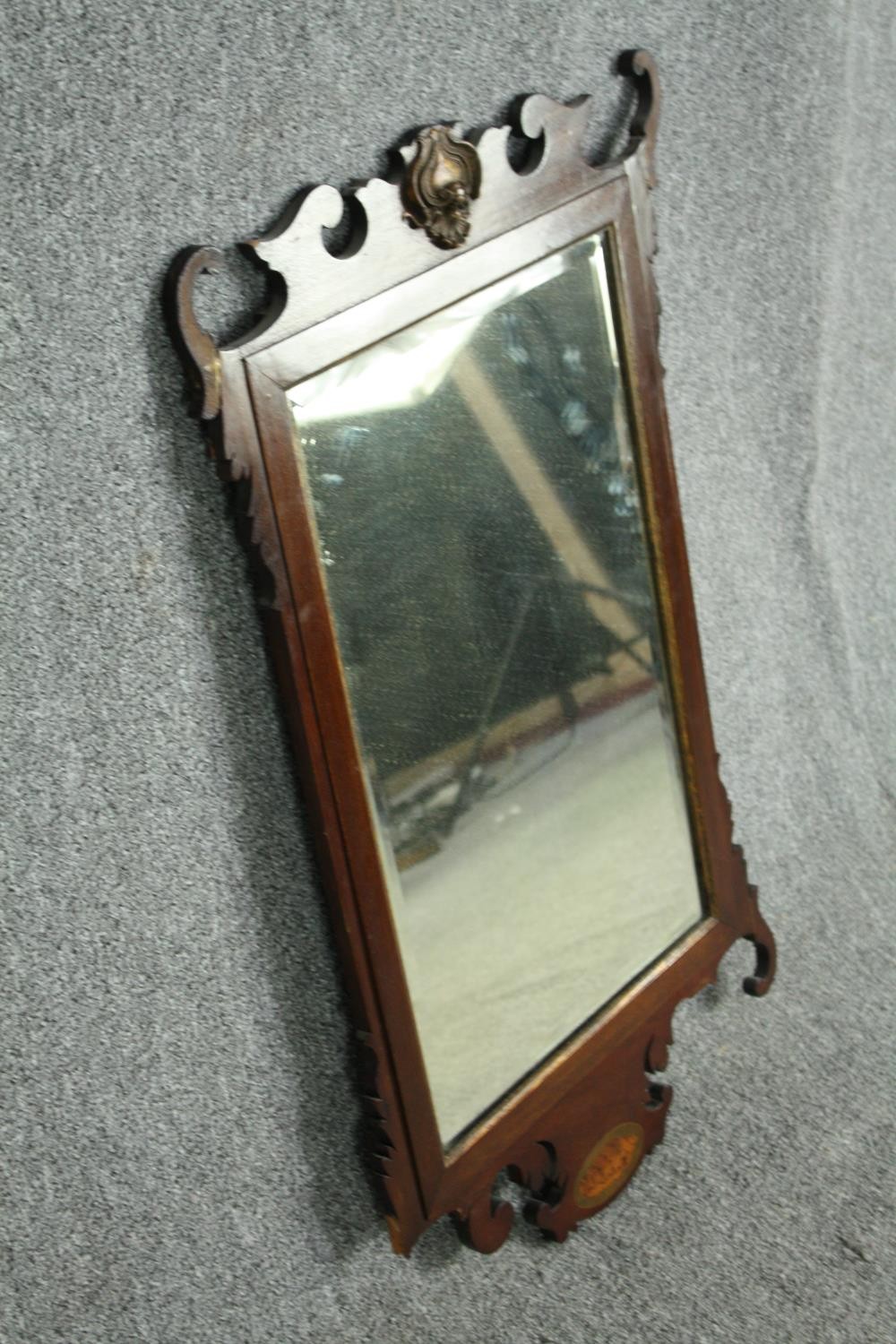 Wall mirror, 19th century fret carved mahogany with bevelled plate, gilt cresting and satinwood - Image 2 of 5