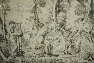 Joshua Cristall (1767–1847). 1816 pen lithograph. Apollo and the muses. Signed in the plate lower