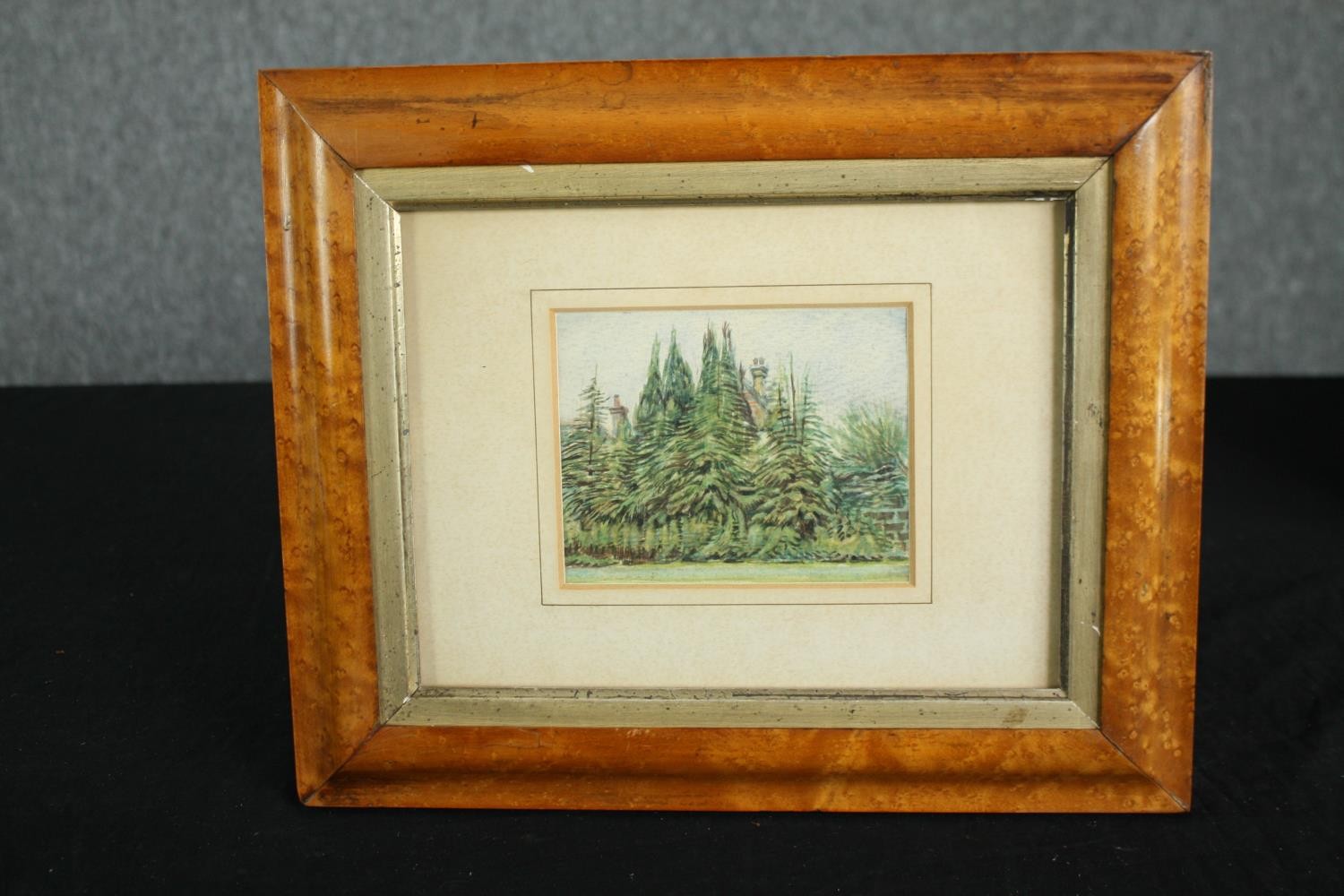 A delicate and controlled watercolour of conifer trees with the top of a house just visible over the - Image 2 of 3